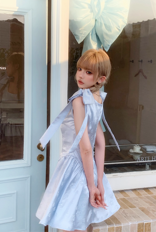 Blue embossed rose flower pleated waist bow dress R5249