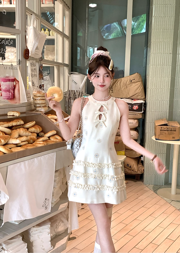 Solid color halter neck sleeveless waist dress for women summer French temperament retro skirt R4747