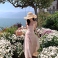 Pink long atmospheric mesh halter dress for women, a summer French retro slimming dress R4788