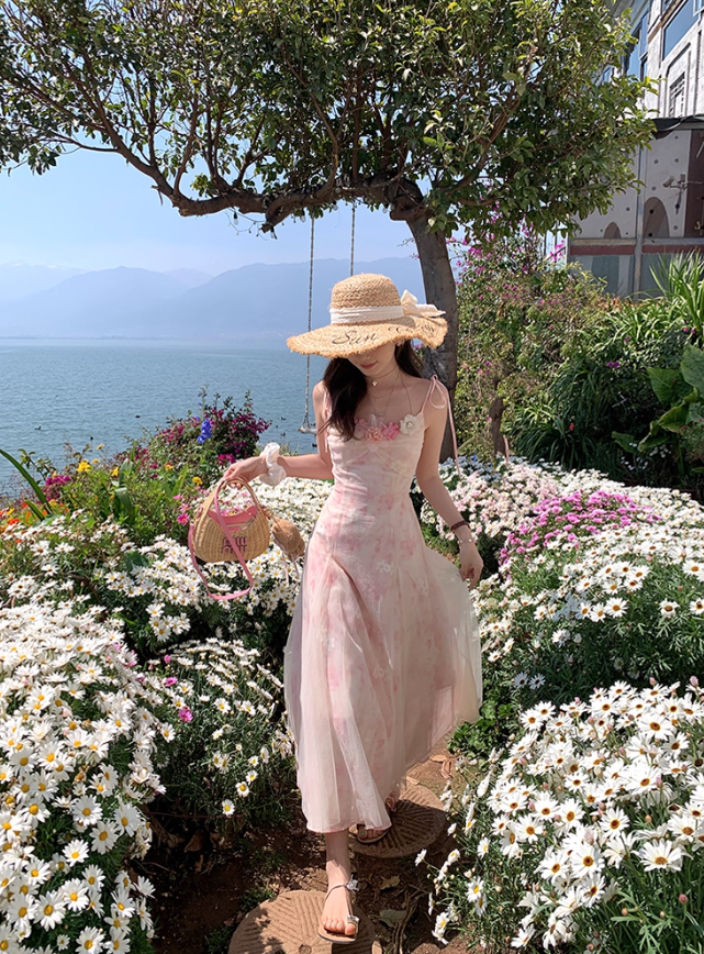 Pink long atmospheric mesh halter dress for women, a summer French retro slimming dress R4788