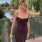 Dress French retro black bottom small red flower print slim backless suspender long dress R2928