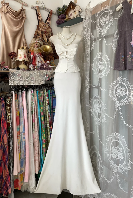 White tube top waisted top hip fishtail elegant long skirt ball gown R6134