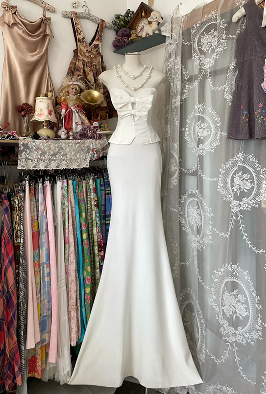 White tube top waisted top hip fishtail elegant long skirt ball gown R6134