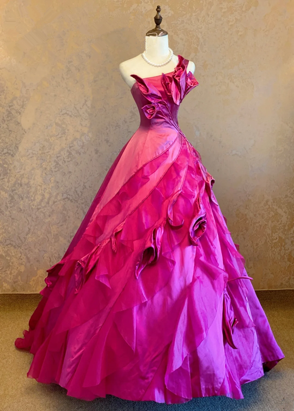Rose pink one-shoulder fitted waist slim-fit ball gown/bridal dress R7225