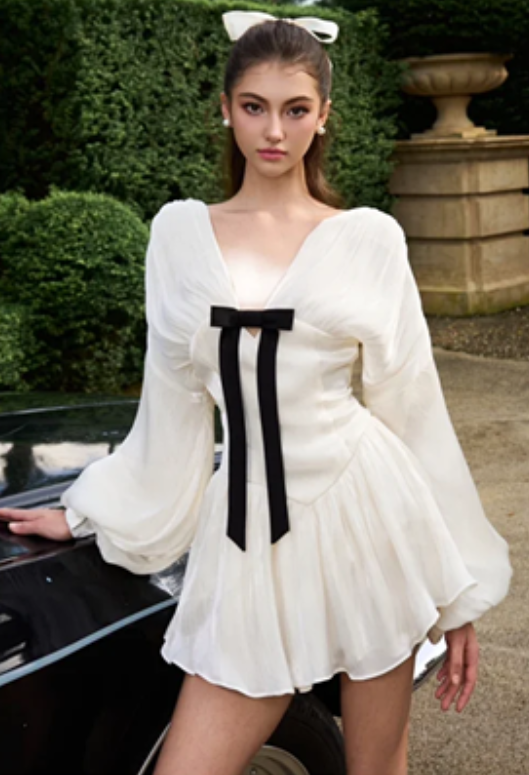 White long-sleeved chiffon skirt waist slim refreshing short skirt homecoming dress R4673