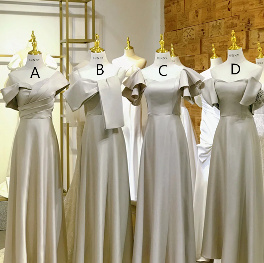 Gray satin waist-cinched, slim-fit and figure-flattering ball gown, bridesmaid dress R5934