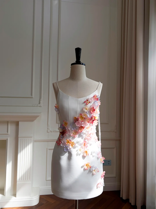 White suspenders pink three-dimensional flower design waist slim A-line short skirt homecoming dress R5042