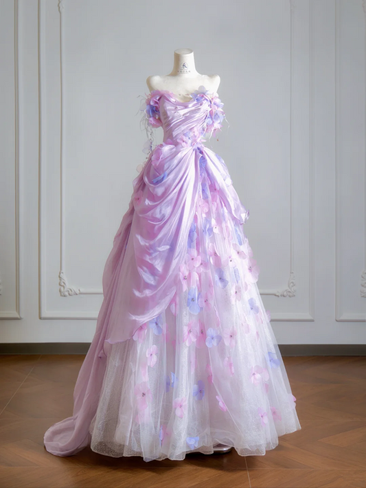 Light purple strapless, fitted waist, elegant long ball gown, bridal dress R8524