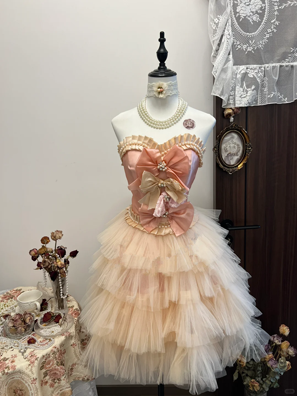 Pink tube top three-dimensional flower waist cute cake tulle skirt short skirt homecoming dress R4271