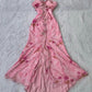 Pink floral halterneck slim-waist long dress, prom dress R5423