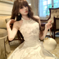 White halter neck slim waist A-line temperament short skirt homecoming dress R4253