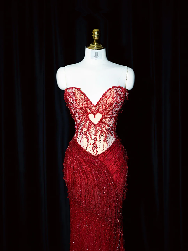 Red strapless, fitted waist, bodycon, sexy long ball gown/bridal dress R8949