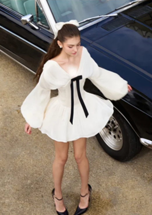 White long-sleeved chiffon skirt waist slim refreshing short skirt homecoming dress R4673