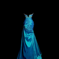 Blue strapless, fitted waist, pleated hips, long fishtail skirt, ball gown R8102