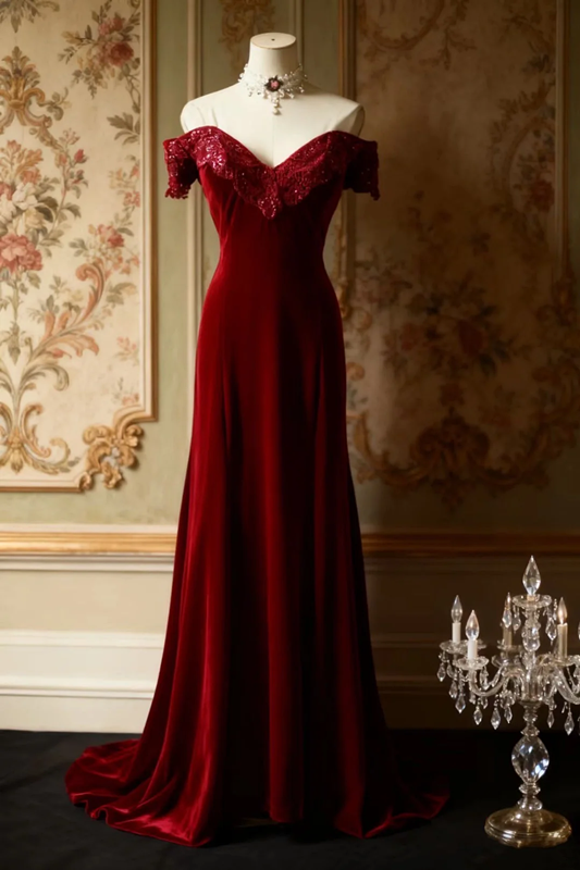 Red off-the-shoulder fitted long ball gown R6733