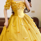 Yellow Square-neck Waist-Cinched Puff-Skirt Ball Gown & Bridal Gown R7374