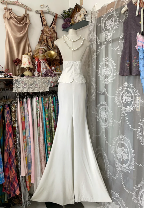 White tube top waisted top hip fishtail elegant long skirt ball gown R6134