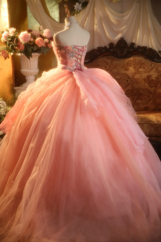 Pink floral-patterned strapless ball gown with a cinched waist and a voluminous puffy skirt; bridal gown R7285