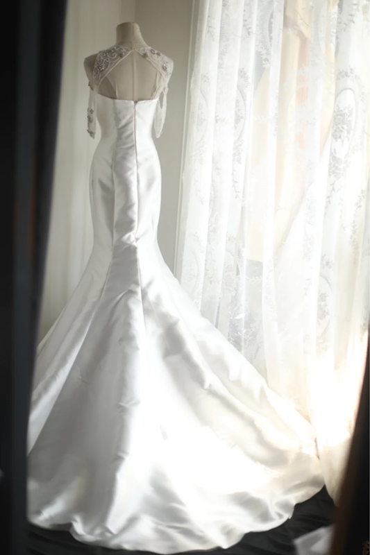 White satin fitted mermaid long ball gown/bridal dress R6772