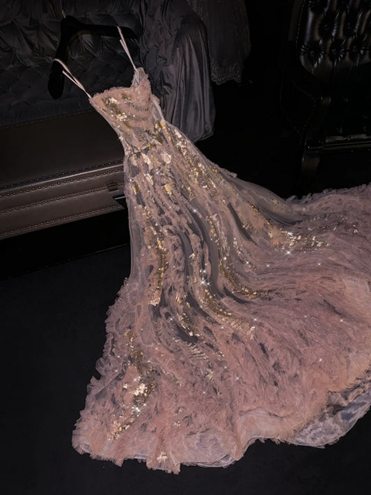 Light pink halter-neck, fitted A-line skirt, long ball gown, bridal dress R8799