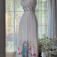 White halter-neck, fitted waist, printed skirt, long ball gown R7608