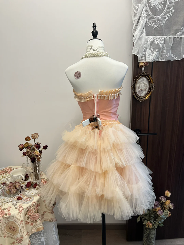 Pink tube top three-dimensional flower waist cute cake tulle skirt short skirt homecoming dress R4271
