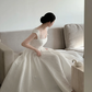 White spaghetti strap, waist-cinched, slim-fit, full-skirt prom dress, wedding dress R7959