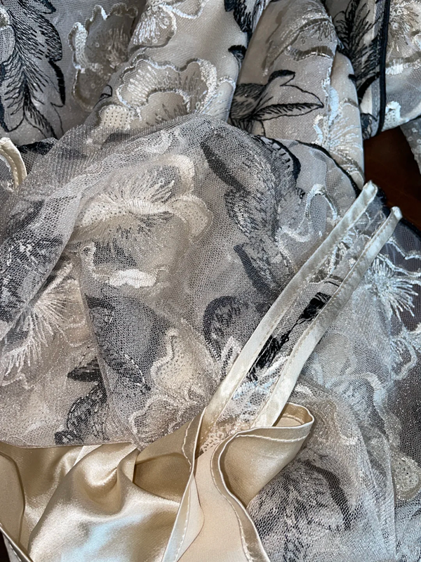 Apricot-lined midi ball gown with black floral embroidery R6852