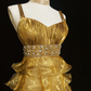 Gold strapless tube top with pleated high waist cake skirt mid-length skirt homecoming dress R5001
