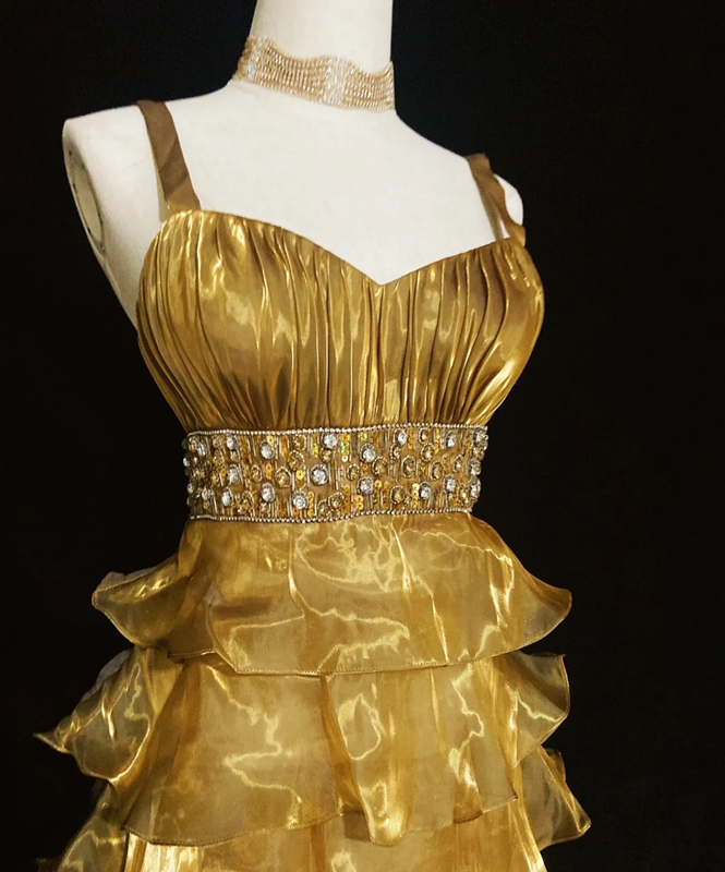 Gold strapless tube top with pleated high waist cake skirt mid-length skirt homecoming dress R5001