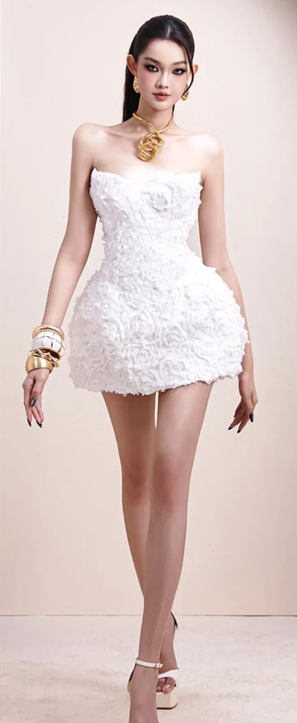 White tube top waist sexy three-dimensional flower A-line skirt short skirt homecoming dress R4553