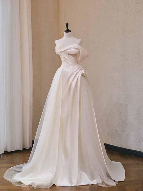 White sleeveless slim waist design satin bridal gown R5700