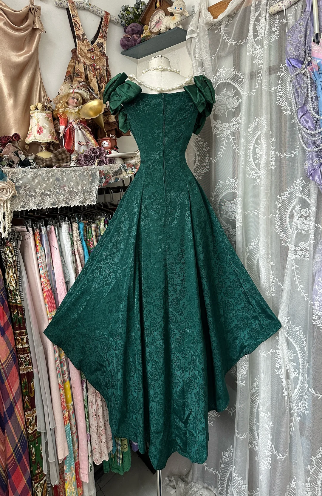 Dark green off-the-shoulder satin waist slim-fit retro temperament long skirt ball gown R6174