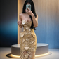 Gold strapless, fitted waist, floral design, bodycon, sexy and elegant ball gown R8038