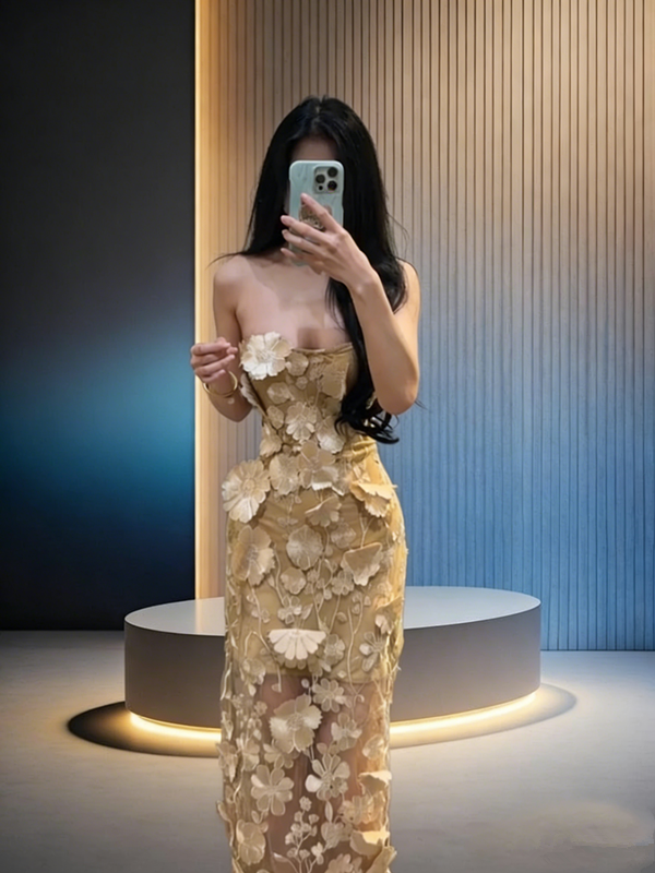 Gold strapless, fitted waist, floral design, bodycon, sexy and elegant ball gown R8038