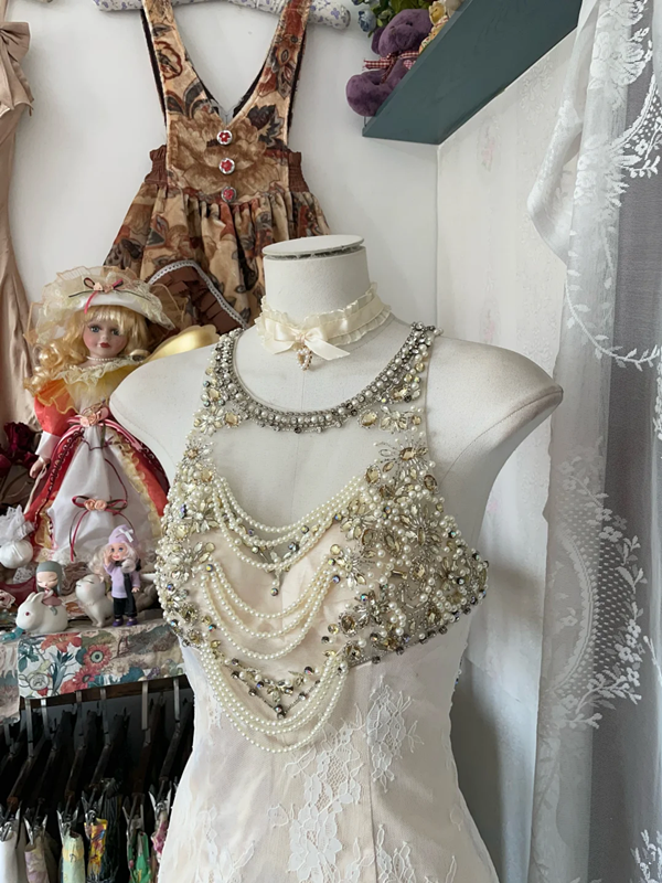 Champagne-colored sleeveless beaded fitted short ball gown R6373