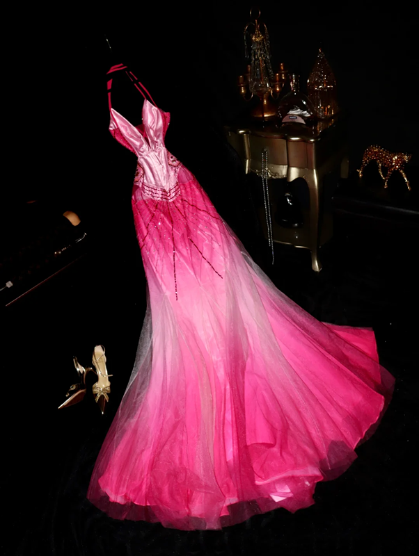 Gradient pink halter neck strapless waist slim-fit long ball gown R6972