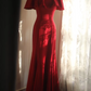 Red off-the-shoulder ruffled neckline, fitted waist, long ball gown R6693