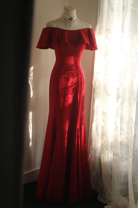 Red off-the-shoulder ruffled neckline, fitted waist, long ball gown R6693