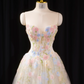 Pink floral strapless cinched waist ball gown with a full skirt, long ball gown, bridal dress R8919