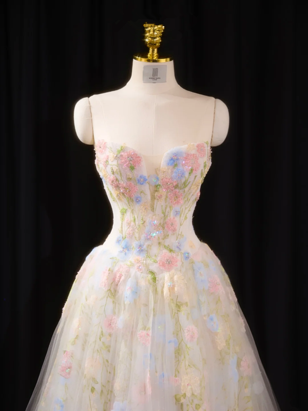 Pink floral strapless cinched waist ball gown with a full skirt, long ball gown, bridal dress R8919