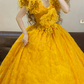 Yellow V-neck Floral-Embellished Waist-Cinched Elegant Vintage Puffball Skirt Ball Gown, Bridal Gown R7344