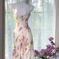 White dress with pink floral print, fitted waist, sexy long ball gown R7647