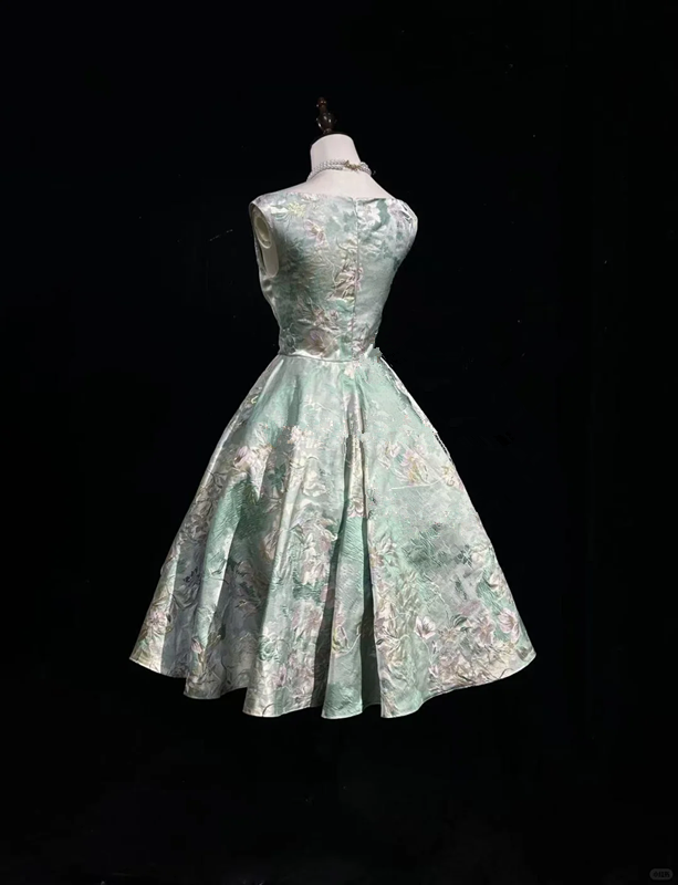 Green printed sleeveless slim waist puffy A-line princess dress homecoming dress R4961