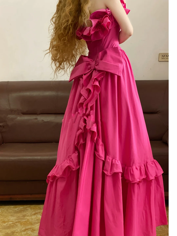 Fuchsia Strapless Ruffled Waist-Cinched Fitted Long-Length Ball Gown, Bridal Gown R7326