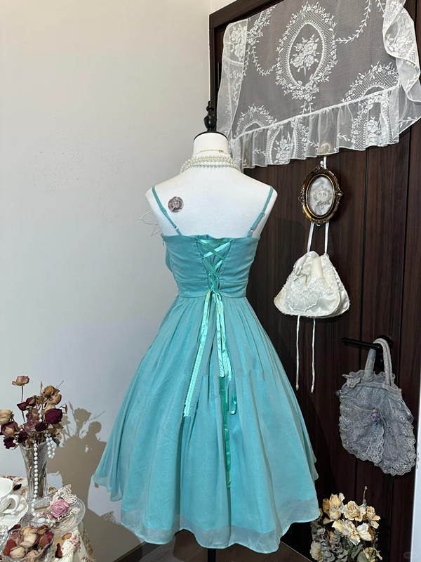Lake blue suspender waist flared skirt mid-length skirt homecoming dress R4310