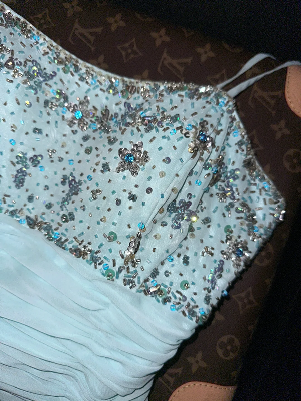 Light blue halter-neck beaded fitted long ball gown R6932