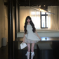 White sleeveless slim waist irregular skirt homecoming dress R5081