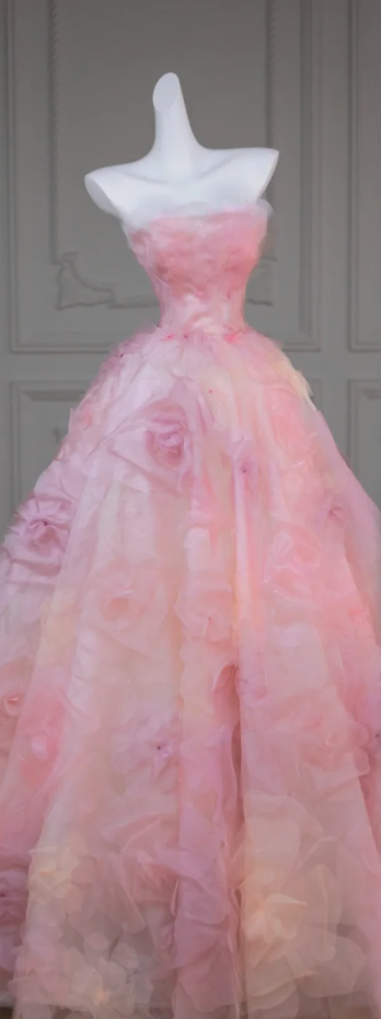 Pink Strapless Floral Waist Slim Fit Puffy Skirt Long Bridal Dress R5817