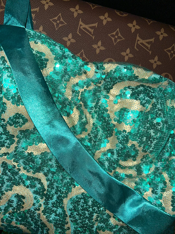 Peacock Green Sequined halter-neck long ball gown R6892